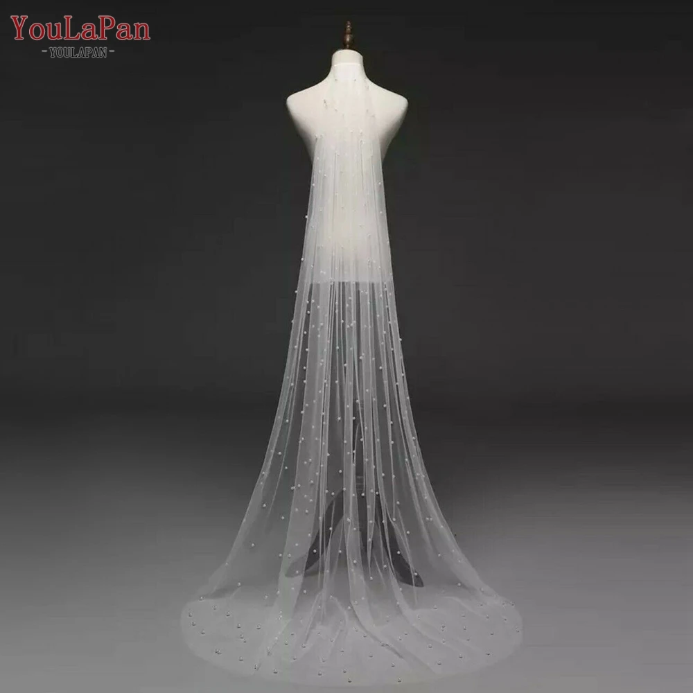 YouLaPan V05 Luxury Bridal Tulle Bridal Veil Pearl Wedding Veil with Hair Comb 1 Tier Long Wedding Veil Cathedral Wedding Veil
