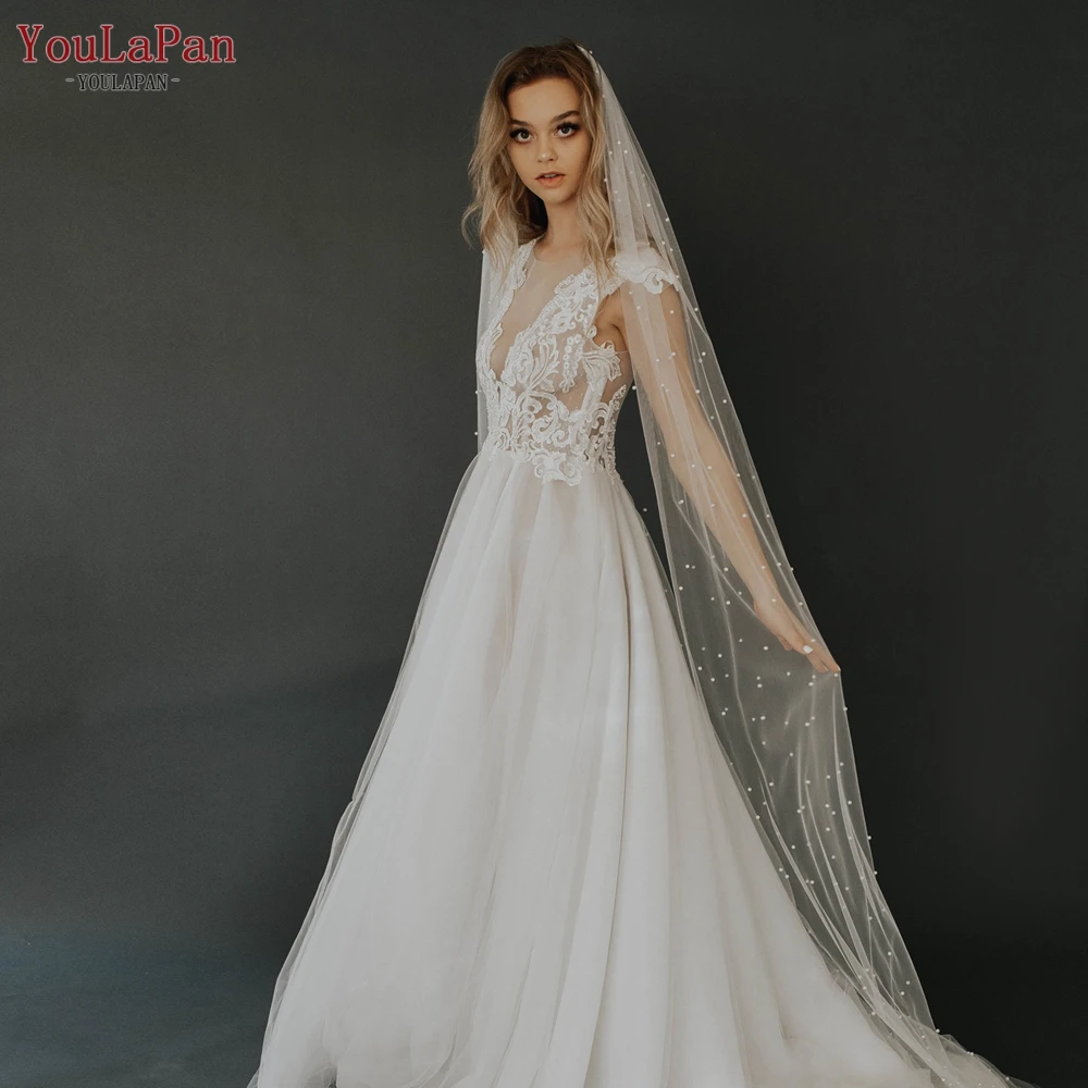 YouLaPan V05 Luxury Bridal Tulle Bridal Veil Pearl Wedding Veil with Hair Comb 1 Tier Long Wedding Veil Cathedral Wedding Veil