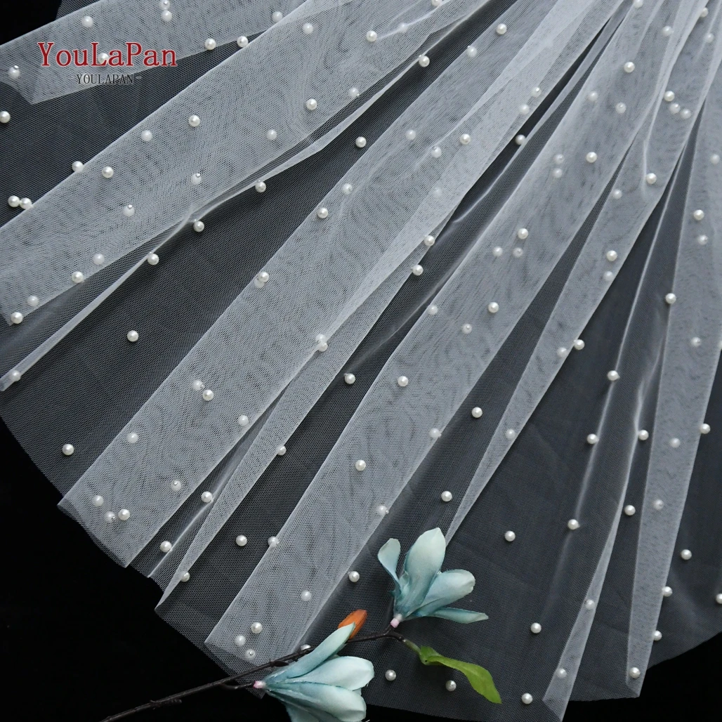 YouLaPan V05 Luxury Bridal Tulle Bridal Veil Pearl Wedding Veil with Hair Comb 1 Tier Long Wedding Veil Cathedral Wedding Veil