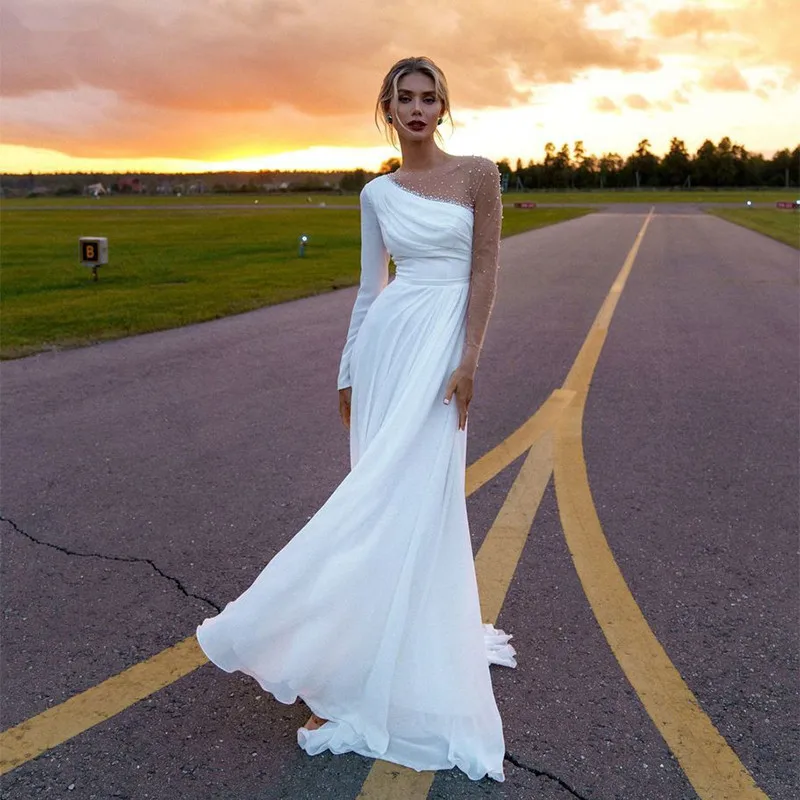 Customized White Bridal Gowns Chiffon Wedding Dresses 2024 Long Sleeves Jewel Neck Front Slit Wedding Gowns Beaded Affordable