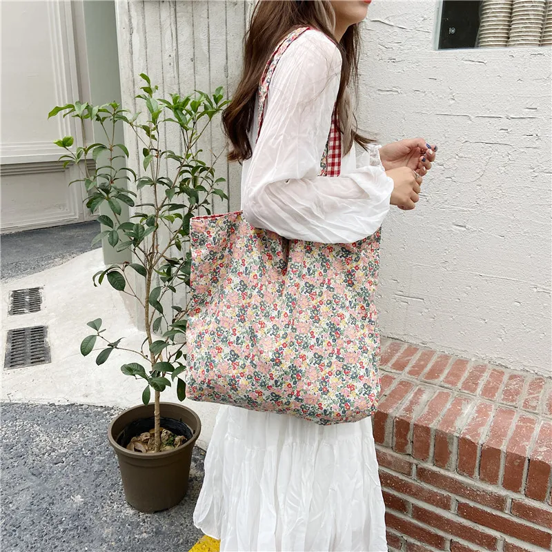 Casual Plaid Flower Women Shopping Bag Large Capacity Ladies Daily Tote Handbags Cotton Cloth Double-sided Girls Shoulder Bags