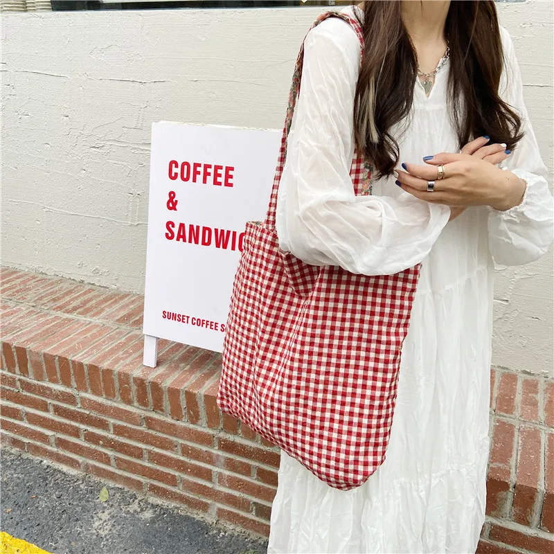 Casual Plaid Flower Women Shopping Bag Large Capacity Ladies Daily Tote Handbags Cotton Cloth Double-sided Girls Shoulder Bags