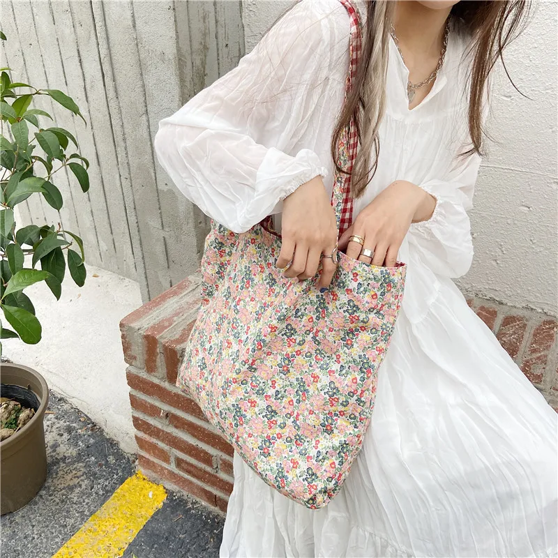 Casual Plaid Flower Women Shopping Bag Large Capacity Ladies Daily Tote Handbags Cotton Cloth Double-sided Girls Shoulder Bags