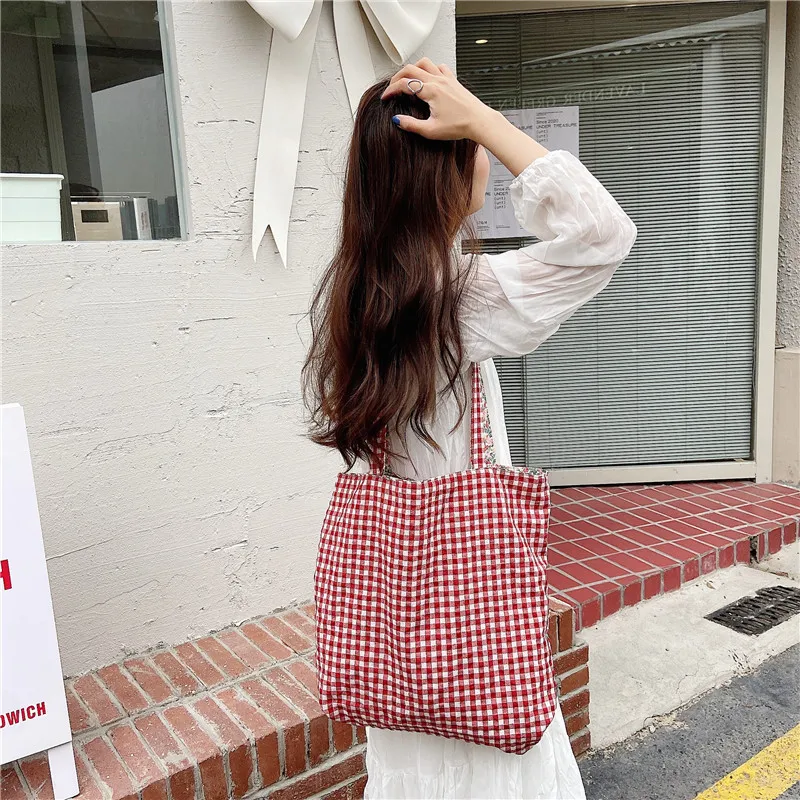 Casual Plaid Flower Women Shopping Bag Large Capacity Ladies Daily Tote Handbags Cotton Cloth Double-sided Girls Shoulder Bags