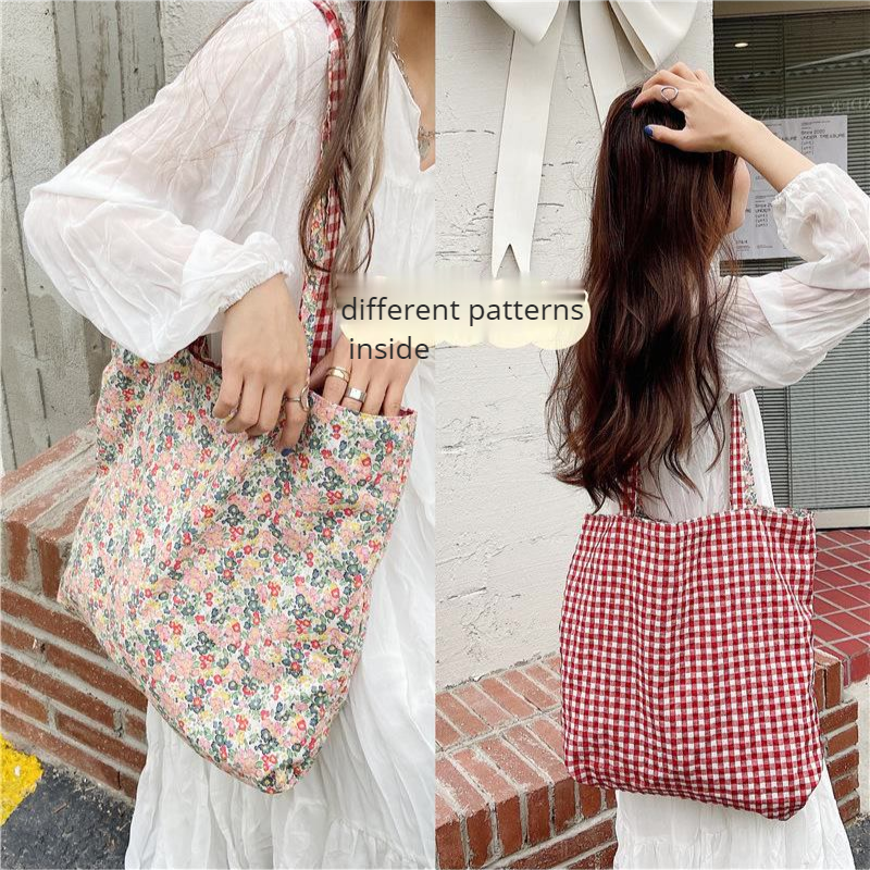 Casual Plaid Flower Women Shopping Bag Large Capacity Ladies Daily Tote Handbags Cotton Cloth Double-sided Girls Shoulder Bags