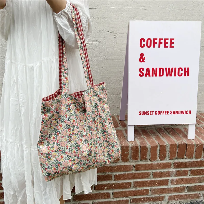 Casual Plaid Flower Women Shopping Bag Large Capacity Ladies Daily Tote Handbags Cotton Cloth Double-sided Girls Shoulder Bags
