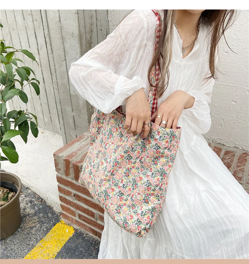 Casual Plaid Flower Women Shopping Bag Large Capacity Ladies Daily Tote Handbags Cotton Cloth Double-sided Girls Shoulder Bags
