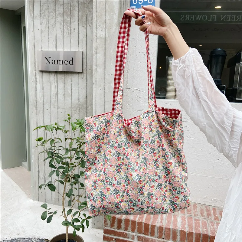 Casual Plaid Flower Women Shopping Bag Large Capacity Ladies Daily Tote Handbags Cotton Cloth Double-sided Girls Shoulder Bags