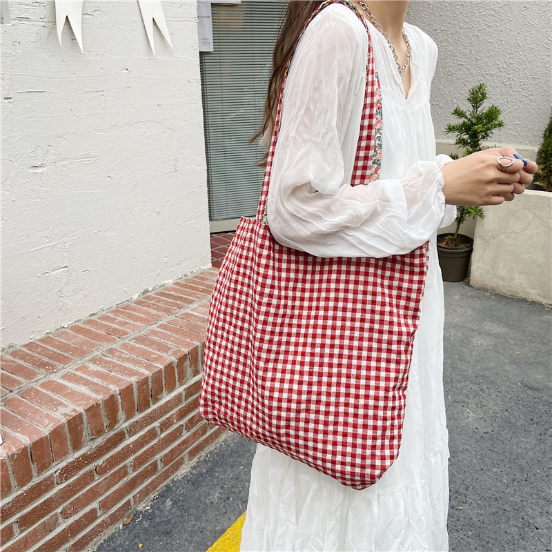 Casual Plaid Flower Women Shopping Bag Large Capacity Ladies Daily Tote Handbags Cotton Cloth Double-sided Girls Shoulder Bags