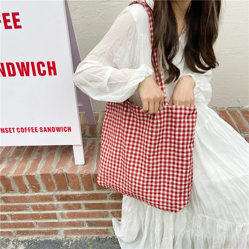 Casual Plaid Flower Women Shopping Bag Large Capacity Ladies Daily Tote Handbags Cotton Cloth Double-sided Girls Shoulder Bags