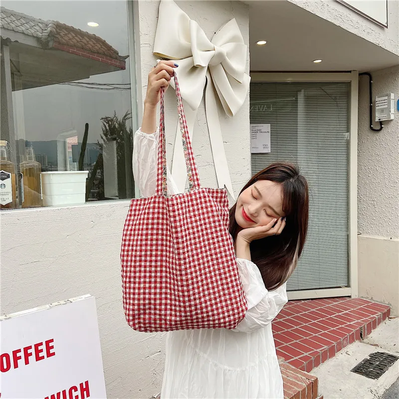 Casual Plaid Flower Women Shopping Bag Large Capacity Ladies Daily Tote Handbags Cotton Cloth Double-sided Girls Shoulder Bags