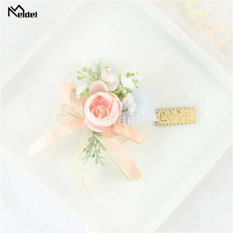 Pink Floral Wrist Corsage Bracelets Ribbon Rose Bridesmaid Groom Hand Flowers Wedding Boutonnieres Marriage Prom Accessories