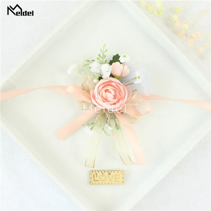 Pink Floral Wrist Corsage Bracelets Ribbon Rose Bridesmaid Groom Hand Flowers Wedding Boutonnieres Marriage Prom Accessories