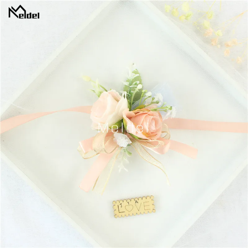 Pink Floral Wrist Corsage Bracelets Ribbon Rose Bridesmaid Groom Hand Flowers Wedding Boutonnieres Marriage Prom Accessories