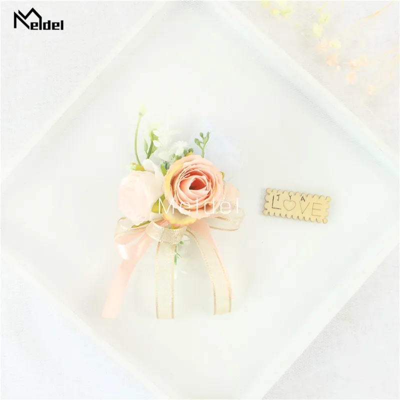 Pink Floral Wrist Corsage Bracelets Ribbon Rose Bridesmaid Groom Hand Flowers Wedding Boutonnieres Marriage Prom Accessories