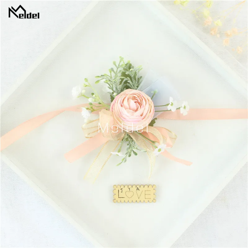 Pink Floral Wrist Corsage Bracelets Ribbon Rose Bridesmaid Groom Hand Flowers Wedding Boutonnieres Marriage Prom Accessories