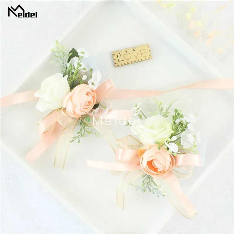Pink Floral Wrist Corsage Bracelets Ribbon Rose Bridesmaid Groom Hand Flowers Wedding Boutonnieres Marriage Prom Accessories