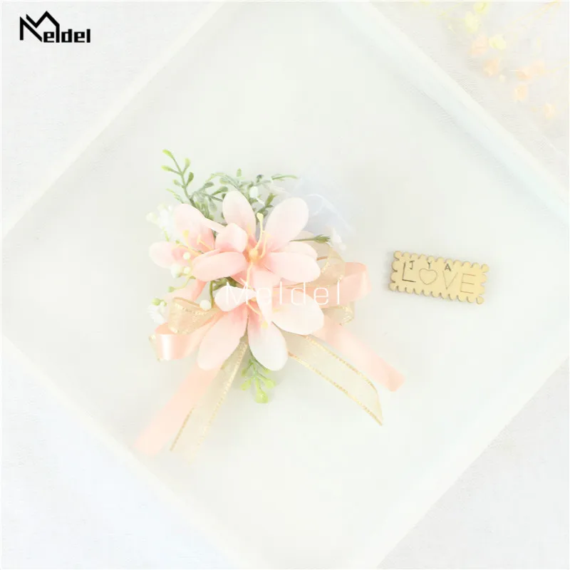 Pink Floral Wrist Corsage Bracelets Ribbon Rose Bridesmaid Groom Hand Flowers Wedding Boutonnieres Marriage Prom Accessories