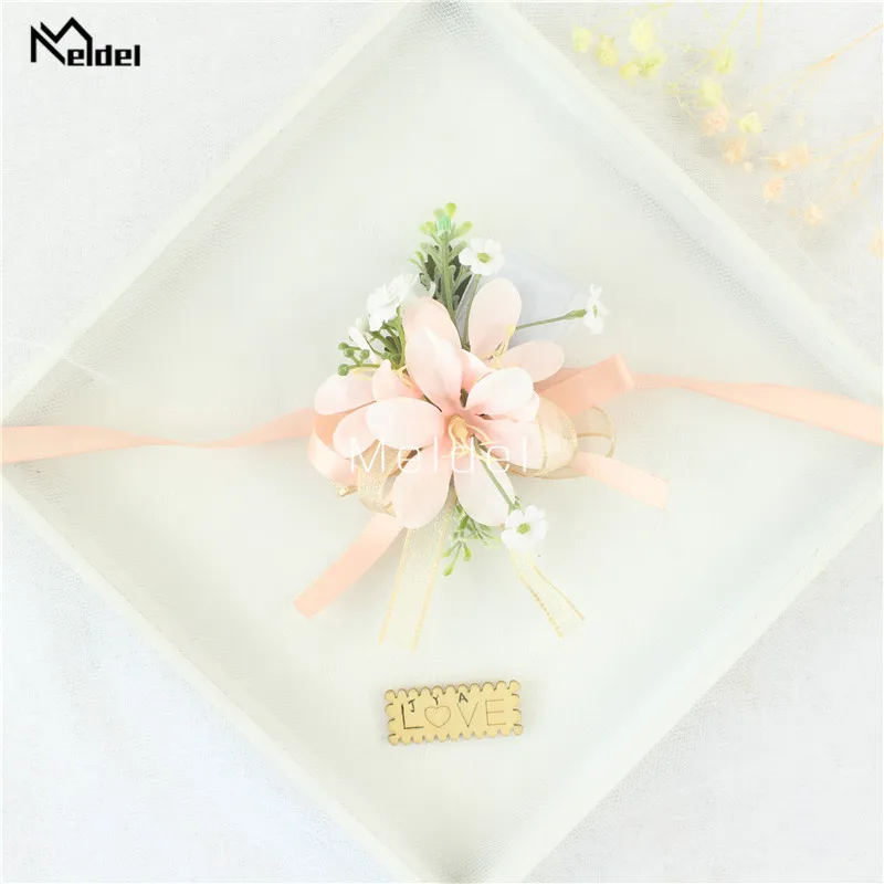 Pink Floral Wrist Corsage Bracelets Ribbon Rose Bridesmaid Groom Hand Flowers Wedding Boutonnieres Marriage Prom Accessories