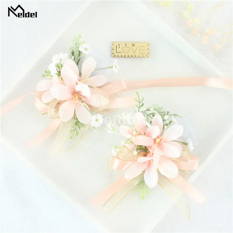 Pink Floral Wrist Corsage Bracelets Ribbon Rose Bridesmaid Groom Hand Flowers Wedding Boutonnieres Marriage Prom Accessories