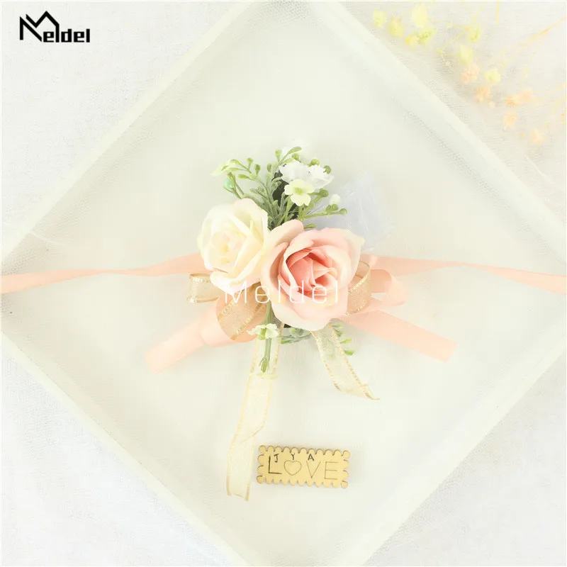 Pink Floral Wrist Corsage Bracelets Ribbon Rose Bridesmaid Groom Hand Flowers Wedding Boutonnieres Marriage Prom Accessories