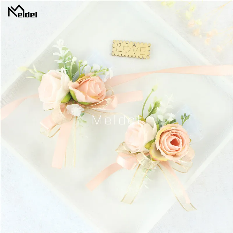 Pink Floral Wrist Corsage Bracelets Ribbon Rose Bridesmaid Groom Hand Flowers Wedding Boutonnieres Marriage Prom Accessories