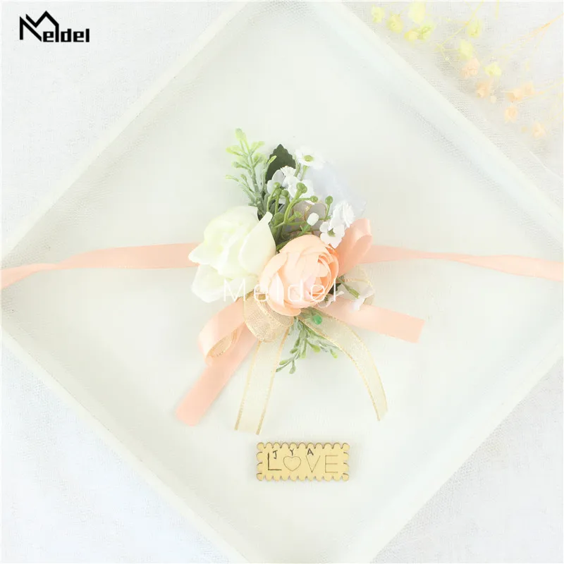 Pink Floral Wrist Corsage Bracelets Ribbon Rose Bridesmaid Groom Hand Flowers Wedding Boutonnieres Marriage Prom Accessories