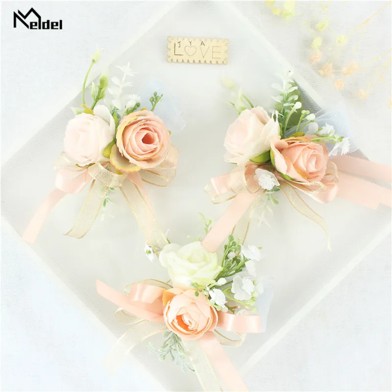 Pink Floral Wrist Corsage Bracelets Ribbon Rose Bridesmaid Groom Hand Flowers Wedding Boutonnieres Marriage Prom Accessories