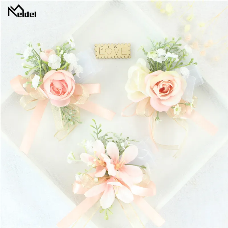 Pink Floral Wrist Corsage Bracelets Ribbon Rose Bridesmaid Groom Hand Flowers Wedding Boutonnieres Marriage Prom Accessories