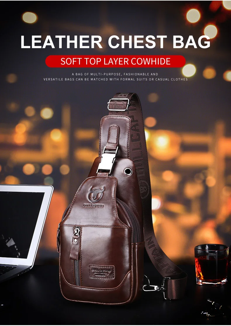 BULLCAPTAIN Fashion Men's Shoulder Bags Leather Chest Bag Men Casual Business Cross Body Bag's Short-Distance Travel Bages