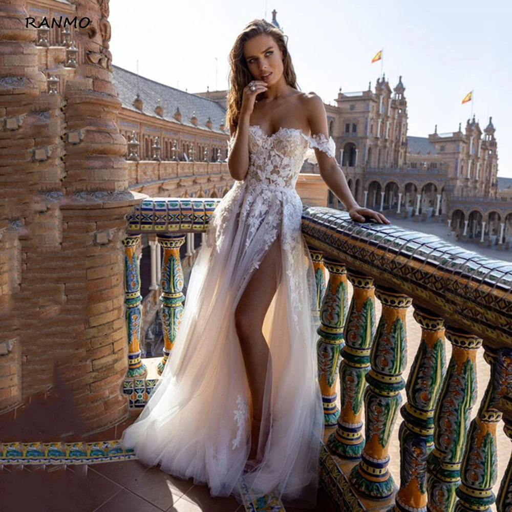 Sexy Beach Wedding Dress A Line Tulle Appliques Off the Shoulder Backless Bridal Gowns Floor Length High Split vestidos de novia