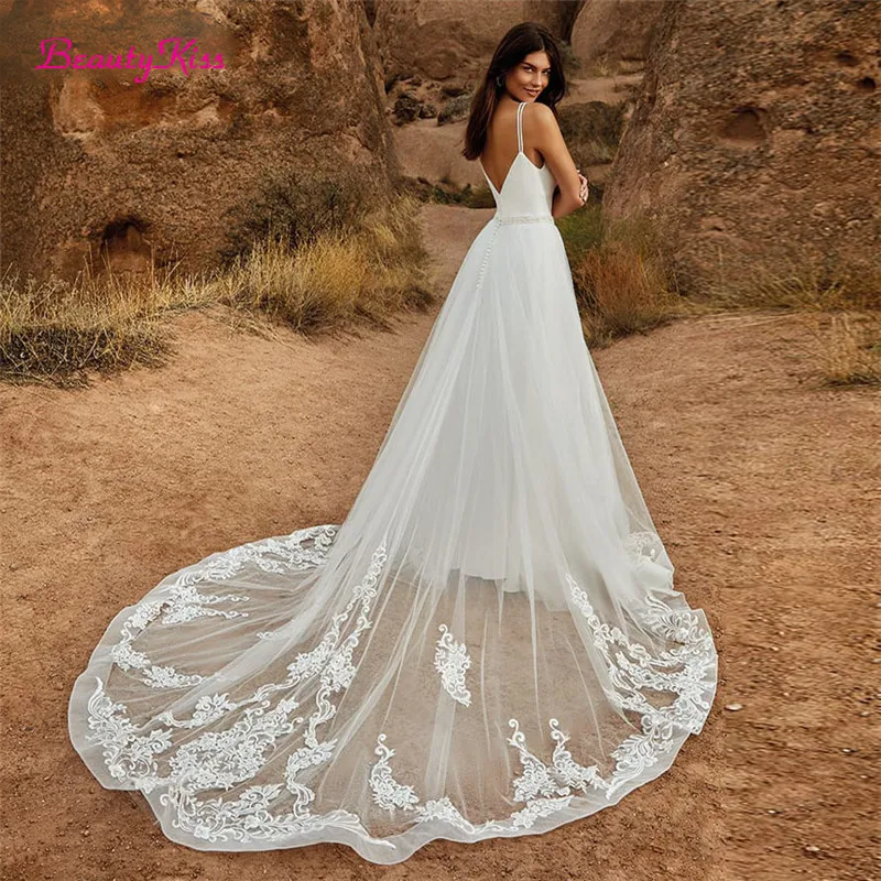 2 In 1 Wedding Jumpsuit With Detachable Skirt Two Pieces Bridal Dresses Pants Suit For Women Lace Tulle V-Neck Sweep Train Gowns