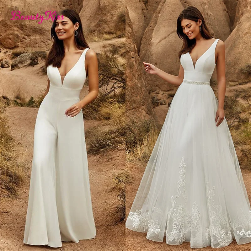 2 In 1 Wedding Jumpsuit With Detachable Skirt Two Pieces Bridal Dresses Pants Suit For Women Lace Tulle V-Neck Sweep Train Gowns