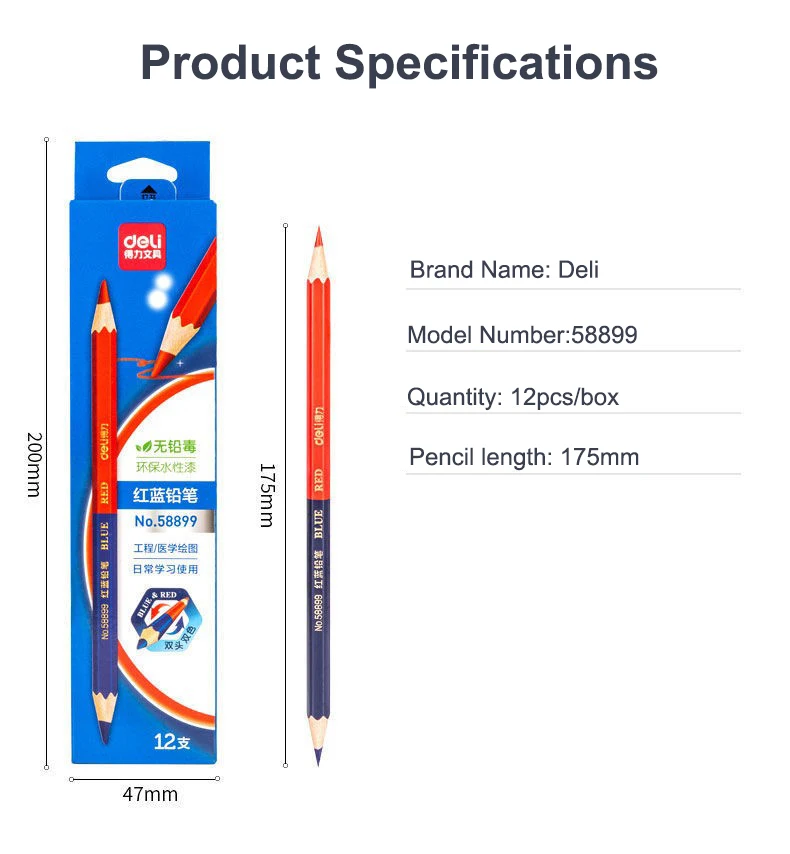 Deli Red Blue Pencil HB Dual Color Pen for Kid's Adult Design Drawing Industrial Engineering Marking Wooden Pencil Stationery