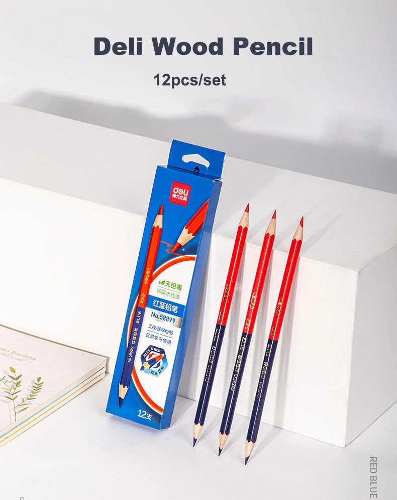 Deli Red Blue Pencil HB Dual Color Pen for Kid's Adult Design Drawing Industrial Engineering Marking Wooden Pencil Stationery