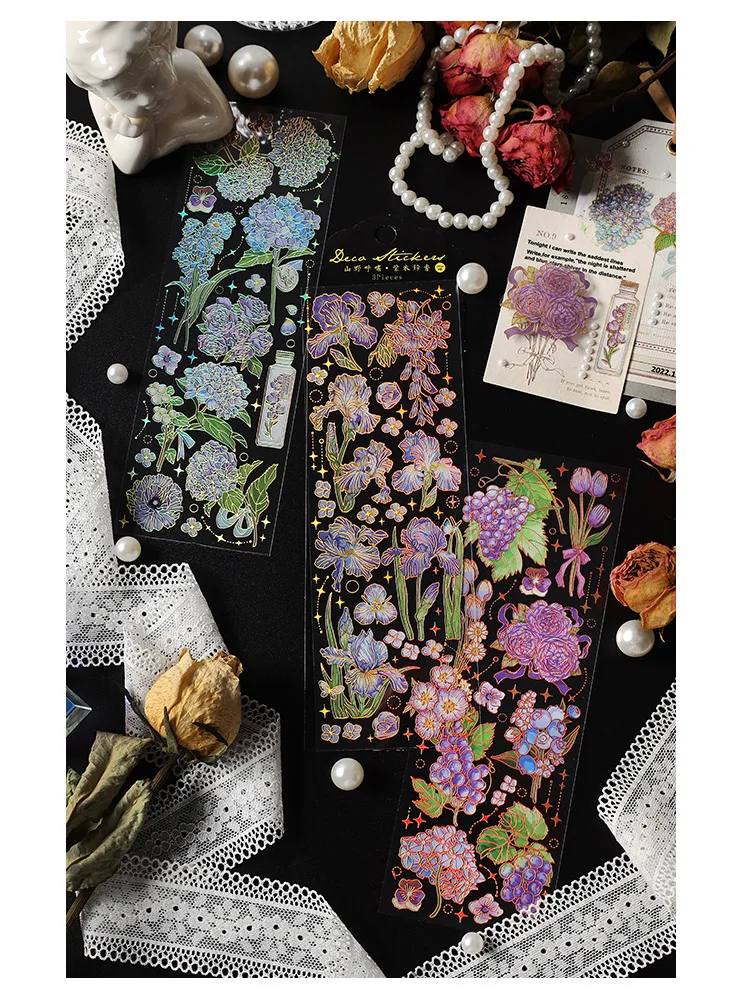 3 pcs Bronzing Flowers Stickers aesthetic Diy Stickers Aesthetic Scrapbooking Journal Deco Album Deco DIY Diary Stationery
