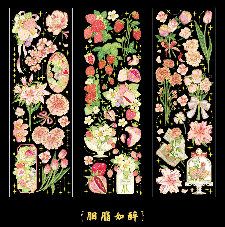 3 pcs Bronzing Flowers Stickers aesthetic Diy Stickers Aesthetic Scrapbooking Journal Deco Album Deco DIY Diary Stationery