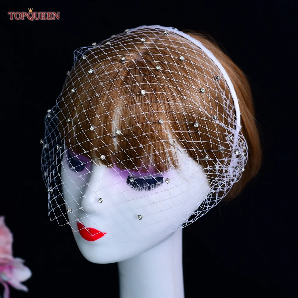 TOPQUEEN VA12 Wedding Mesh Veil Multiple Styles Birdcage Veil with Rhinestones Detachable Blusher Bachelorette Party Accessories