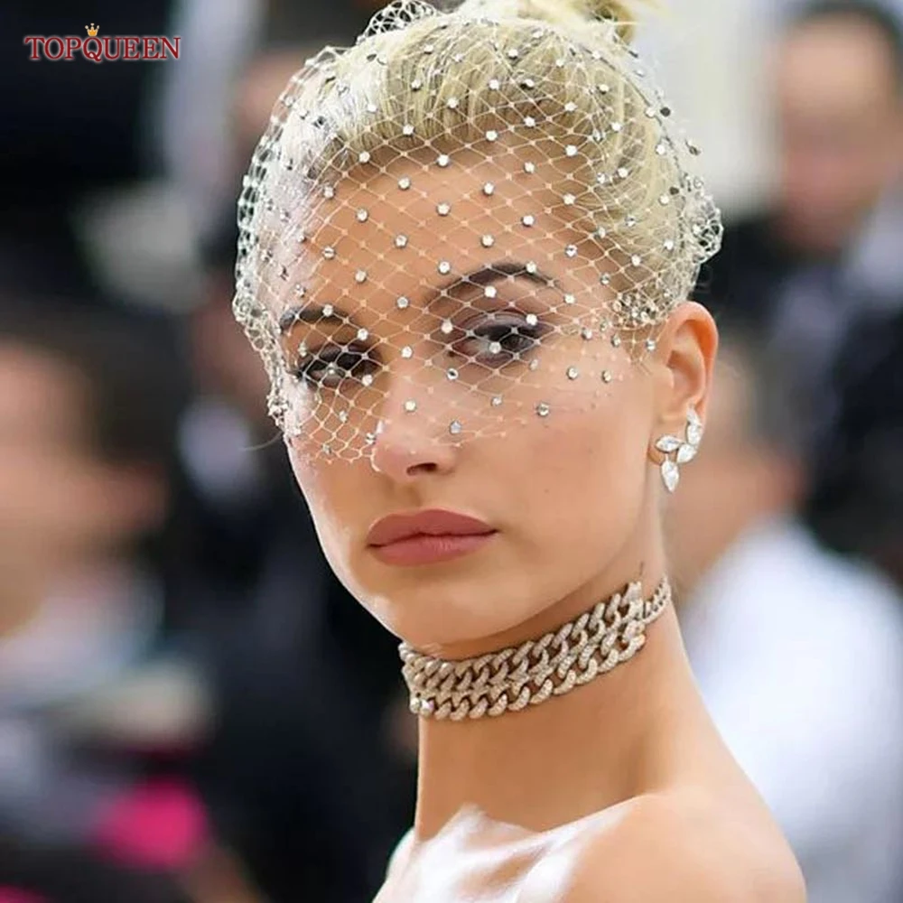 TOPQUEEN VA12 Wedding Mesh Veil Multiple Styles Birdcage Veil with Rhinestones Detachable Blusher Bachelorette Party Accessories