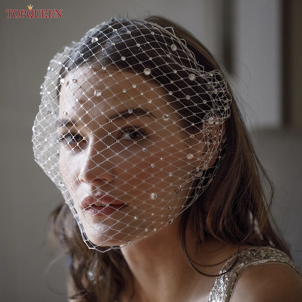 TOPQUEEN VA12 Wedding Mesh Veil Multiple Styles Birdcage Veil with Rhinestones Detachable Blusher Bachelorette Party Accessories
