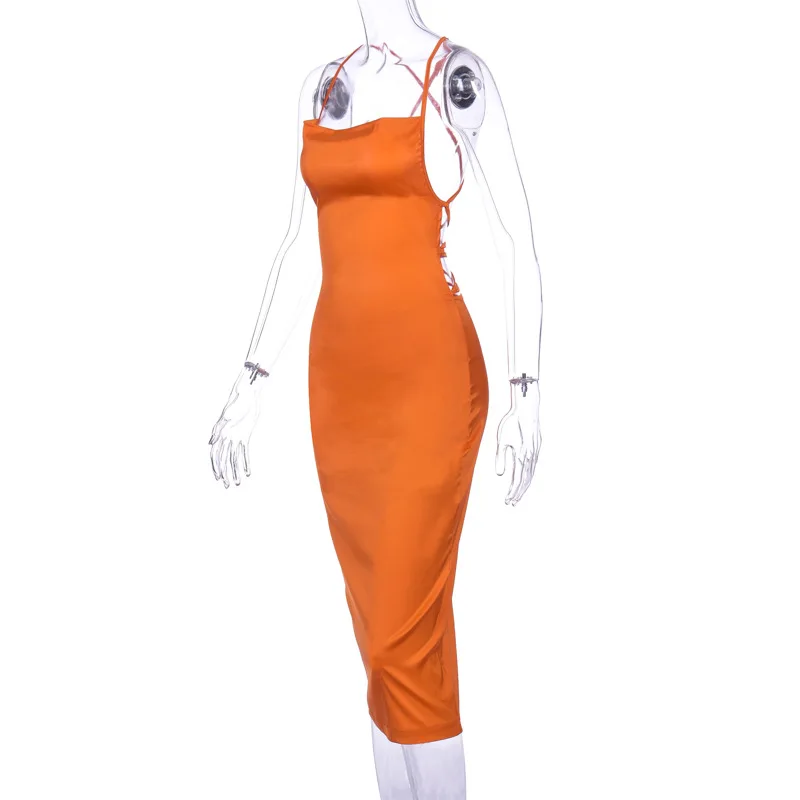 Neon Satin Lace Up Women's Long Midi Dress Light Pink Bodycon Backless Elegant Party Sexy Club Clothes 2022 Summer Dinner Outfit