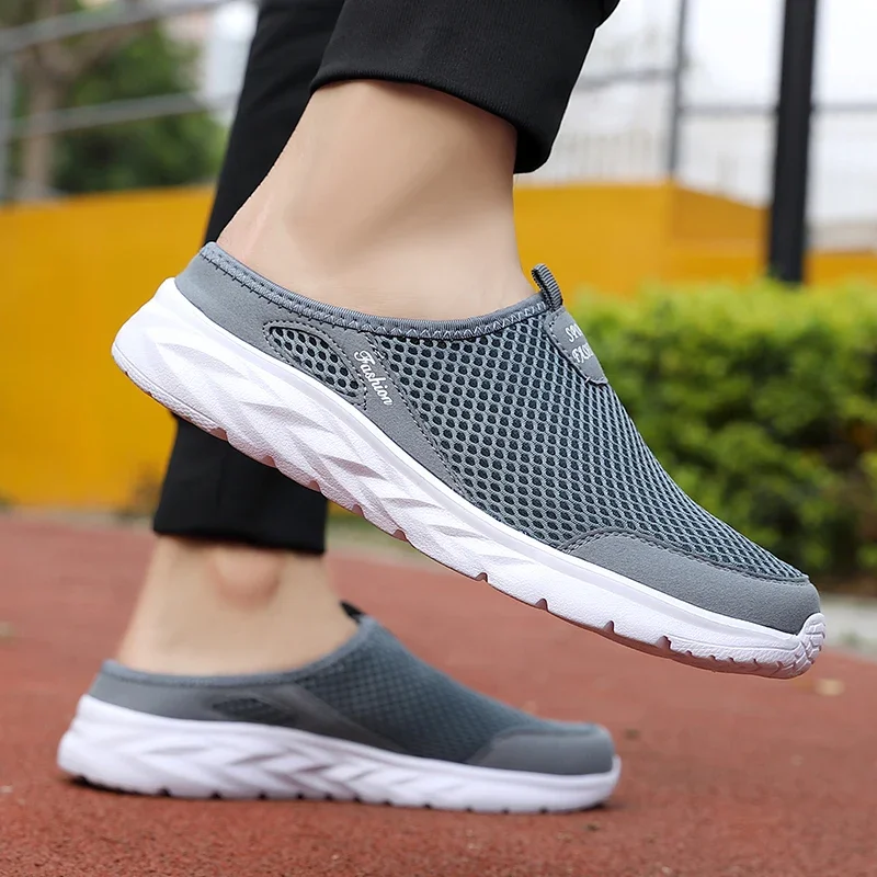 YRZL Mens Half Slippers Summer Breathable Mesh Mens Shoes Outdoor Casual Walking Shoes Large Flat Light Mesh Slippers Sandals