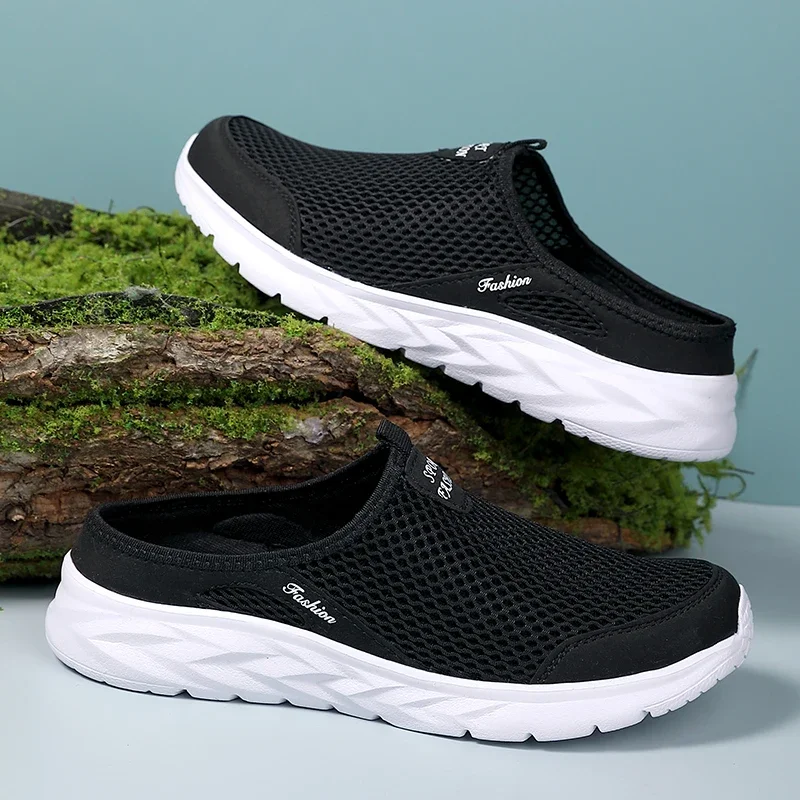 YRZL Mens Half Slippers Summer Breathable Mesh Mens Shoes Outdoor Casual Walking Shoes Large Flat Light Mesh Slippers Sandals