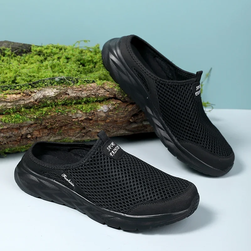 YRZL Mens Half Slippers Summer Breathable Mesh Mens Shoes Outdoor Casual Walking Shoes Large Flat Light Mesh Slippers Sandals