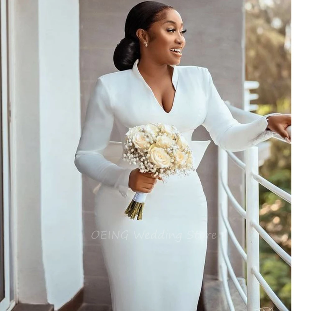 Customized Wedding Dress with Detachable Train V Neck Long Sleeves Bridal Gowns for Women Sheath Knee Length Wedding Gown Short