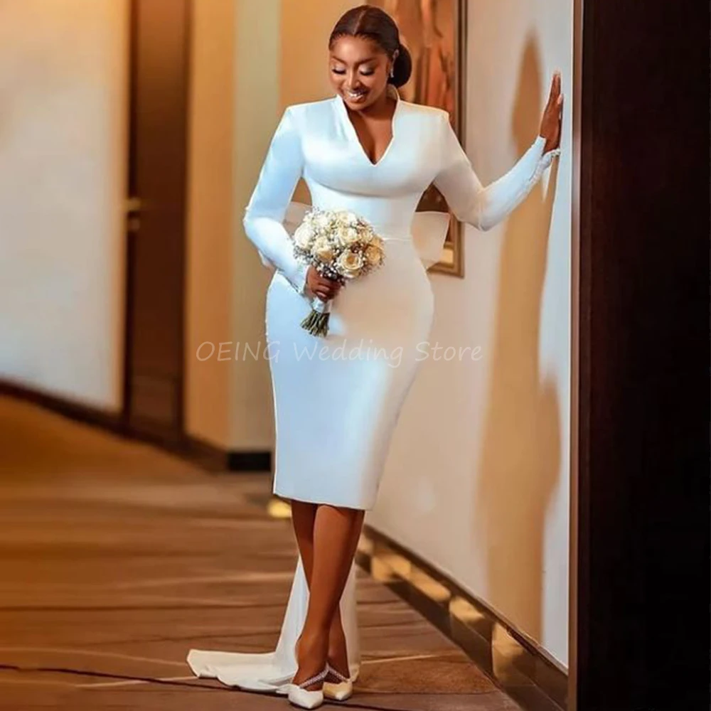 Customized Wedding Dress with Detachable Train V Neck Long Sleeves Bridal Gowns for Women Sheath Knee Length Wedding Gown Short