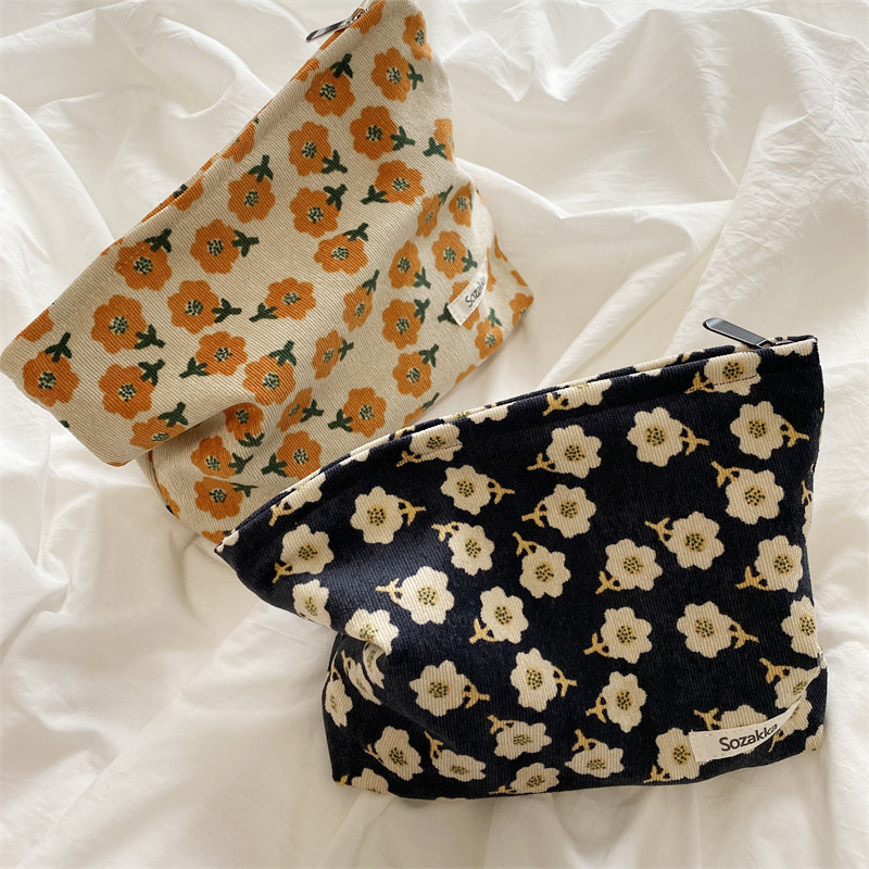 Corduroy Makeup Bag Organizer Clutch Retro Flower Print Cosmetic Bag Wash Women Travel Make Up Pouch Beauty Toilet Storage Cases