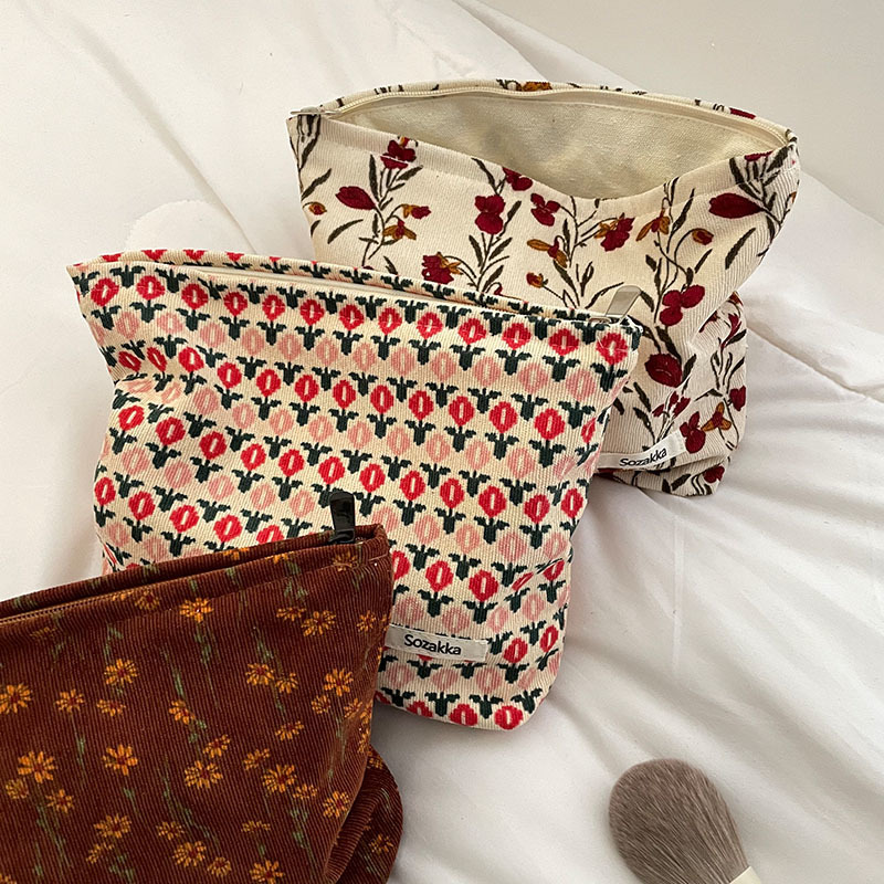 Corduroy Makeup Bag Organizer Clutch Retro Flower Print Cosmetic Bag Wash Women Travel Make Up Pouch Beauty Toilet Storage Cases