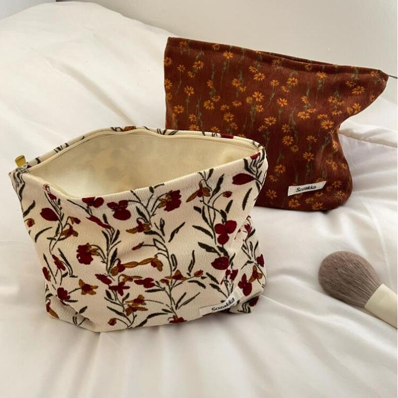 Corduroy Makeup Bag Organizer Clutch Retro Flower Print Cosmetic Bag Wash Women Travel Make Up Pouch Beauty Toilet Storage Cases