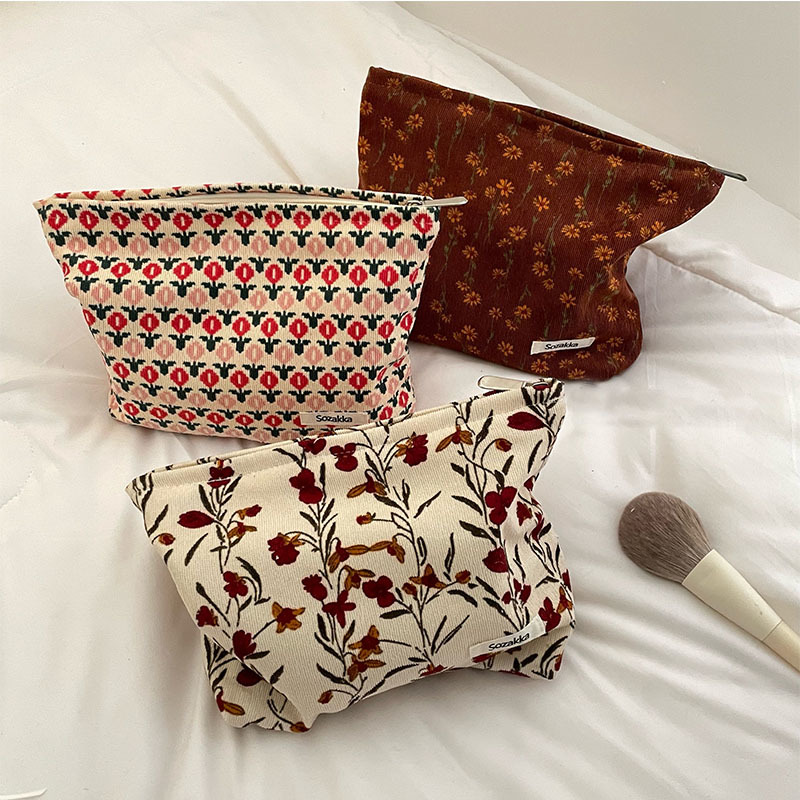 Corduroy Makeup Bag Organizer Clutch Retro Flower Print Cosmetic Bag Wash Women Travel Make Up Pouch Beauty Toilet Storage Cases
